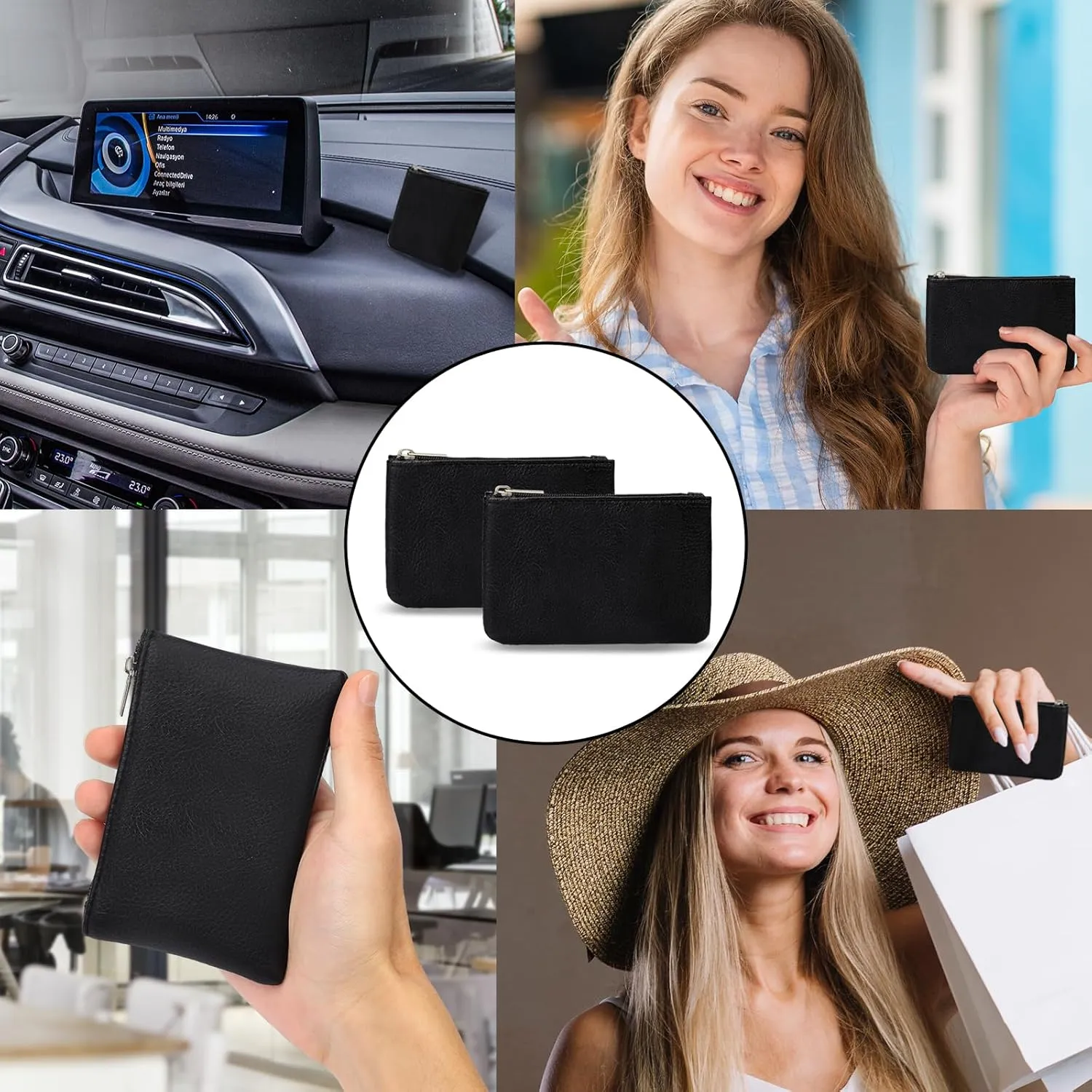 2 Pack Coin Purse, Portable PU Leather Coin Purse with Zipper Coin Purse Mini Change Purse Small Coin Purse for Women Credit Card Folded Bills ID Key Headset Lipstick(Black&Black)