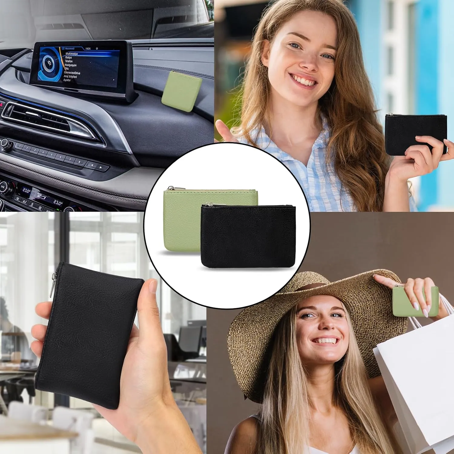 2 Pack Coin Purse, Portable PU Leather Coin Purse with Zipper Coin Purse Mini Change Purse Small Coin Purse for Women Credit Card Folded Bills ID Key Headset Lipstick(Black&Green)
