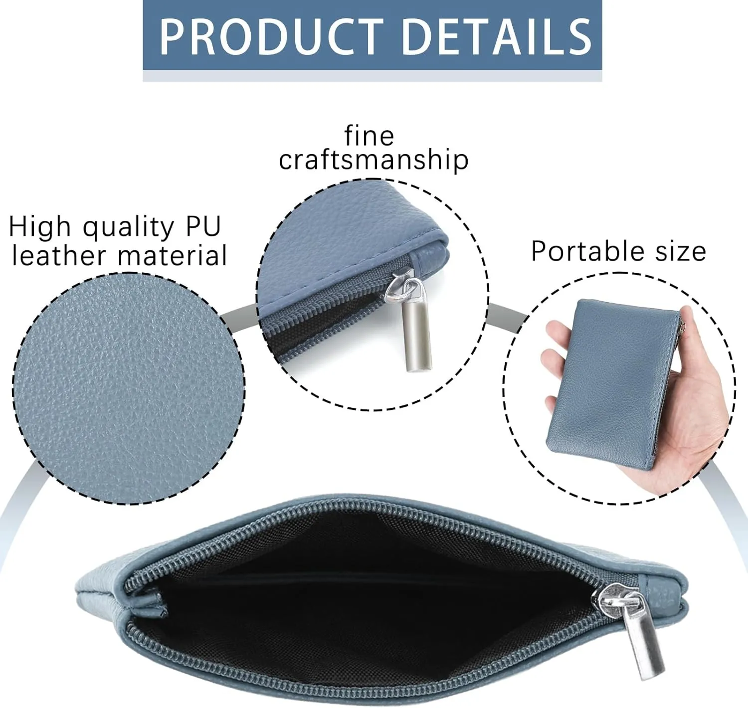 2 Pack Portable PU Leather Zipper Coin Purse - Mini Change Purse for Women, Folded Bills, ID, Key, Headset, Lipstick (Black & Blue)