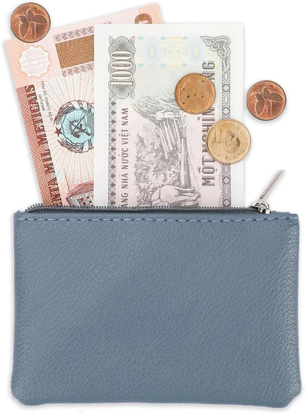 2 Pack Portable PU Leather Zipper Coin Purse - Mini Change Purse for Women, Folded Bills, ID, Key, Headset, Lipstick (Black & Blue)
