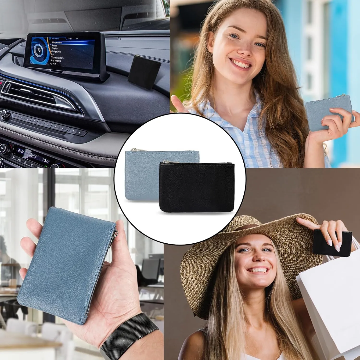 2 Pack Portable PU Leather Zipper Coin Purse - Mini Change Purse for Women, Folded Bills, ID, Key, Headset, Lipstick (Black & Blue)