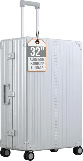 All Aluminum Lightweight 32" Macro Traveler Hardside Checked Luggage, Large Capacity, Hardshell Suitcase w/Spinner Wheels, Heavy Duty Roller for International Travel, Business Flight Size(Platinum)