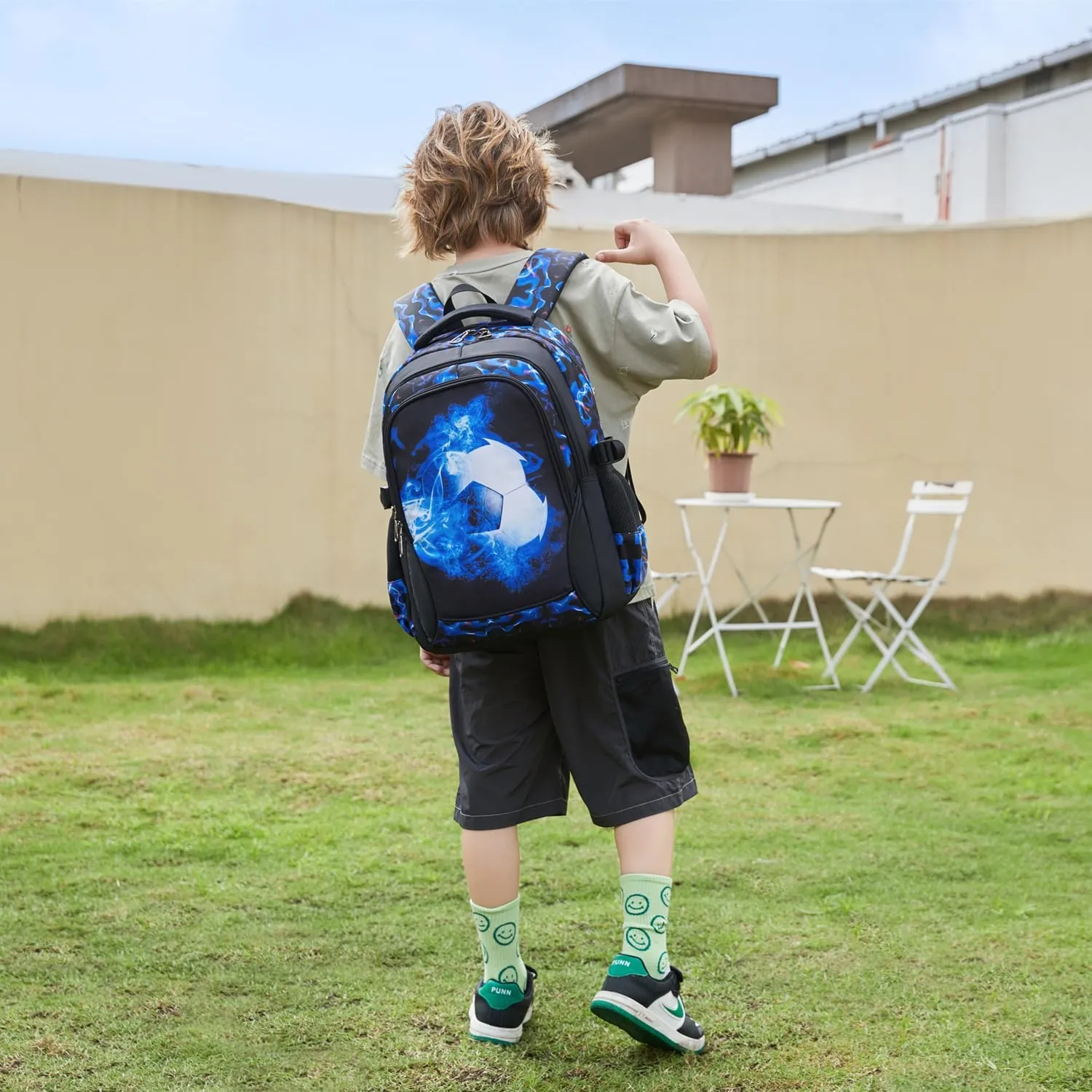 Boys Backpack Kids Bookbag Durable Elementary Middle School Bags Soccer 18in (X-Blue)