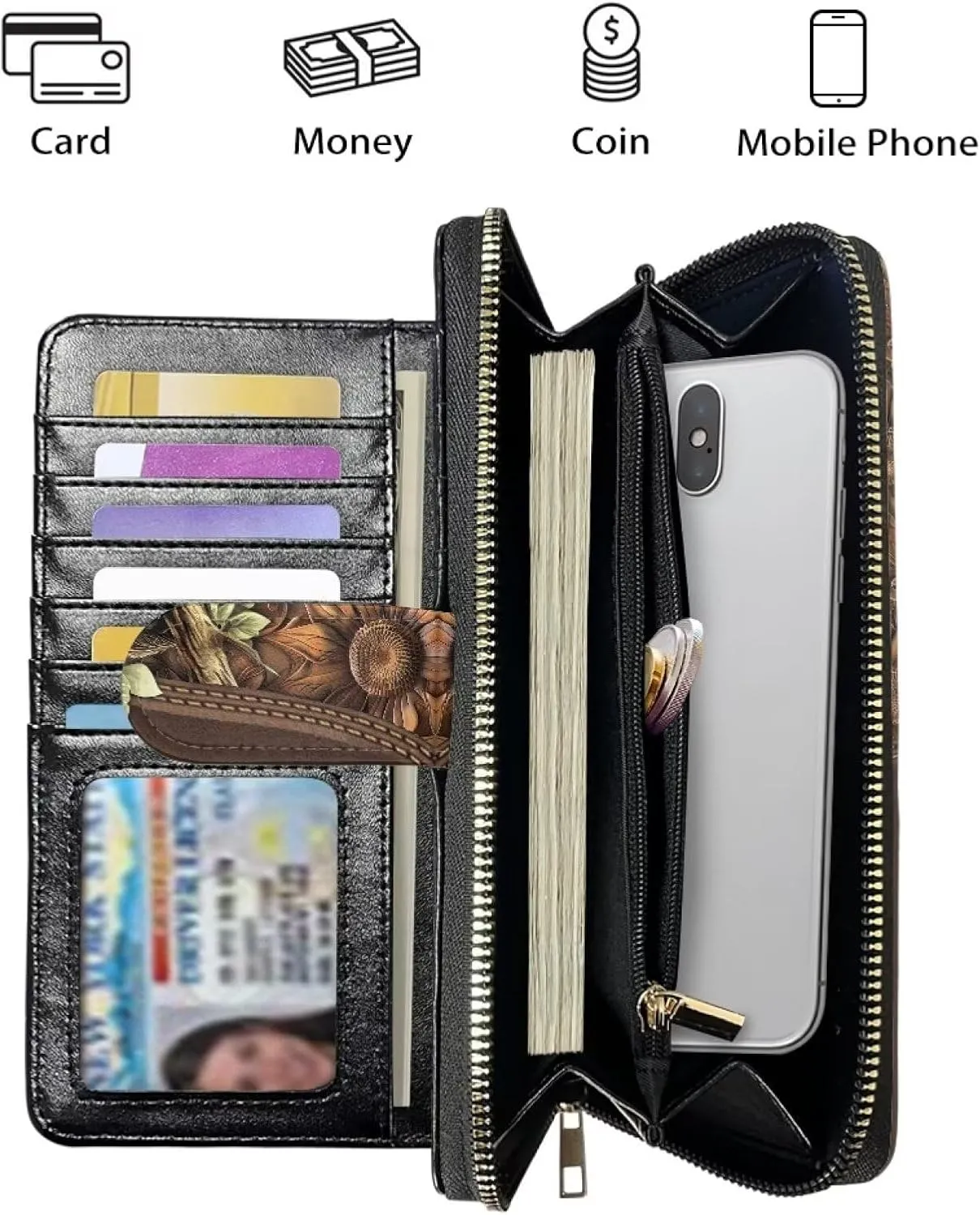 COEQINE Ladies Wallets Pink Leopard Heart Black Printed Leather Phone Long Clutch Purses Check Coin Change Holder