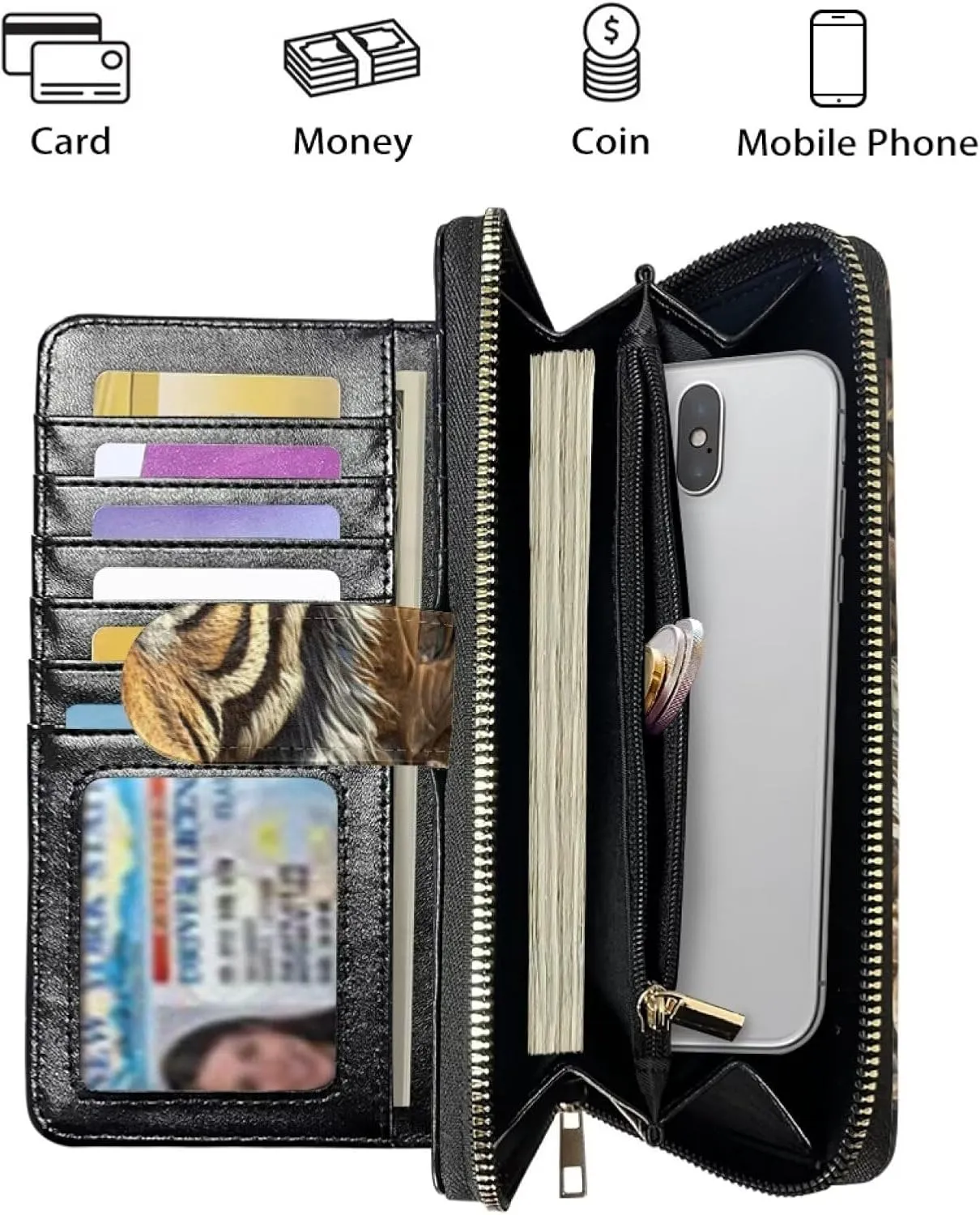 COEQINE Ladies Wallets Pink Leopard Heart Black Printed Leather Phone Long Clutch Purses Check Coin Change Holder
