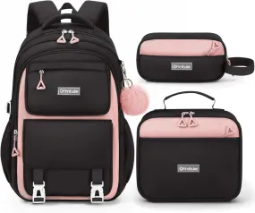 Fimibuke Backpacks for Girls, 3 PCS Waterproof School Backpack with Lunch Box & Pencil Pouch for Kids Teen Girl, Cute Bookbag School Bag for Elementary Middle High School Student Ages 6 (Black & Pink)