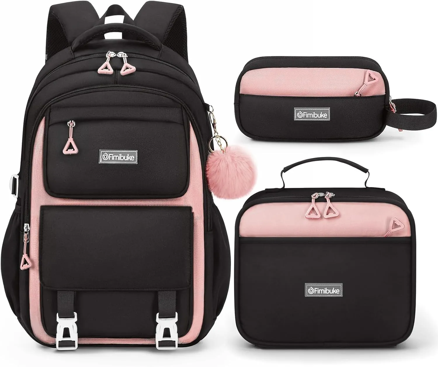 Fimibuke Backpacks for Girls, 3 PCS Waterproof School Backpack with Lunch Box & Pencil Pouch for Kids Teen Girl, Cute Bookbag School Bag for Elementary Middle High School Student Ages 6 (Black & Pink)