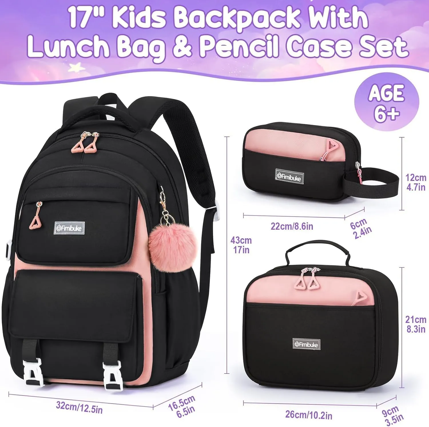 Fimibuke Backpacks for Girls, 3 PCS Waterproof School Backpack with Lunch Box & Pencil Pouch for Kids Teen Girl, Cute Bookbag School Bag for Elementary Middle High School Student Ages 6 (Black & Pink)