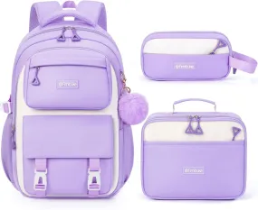 Fimibuke Backpacks for Girls, 3 PCS Waterproof School Backpack with Lunch Box, Pencil Pouch Set for Kids Teens Girls, Cute Bookbag School Bag for Elementary Middle High School Student Ages 6 (Purple)