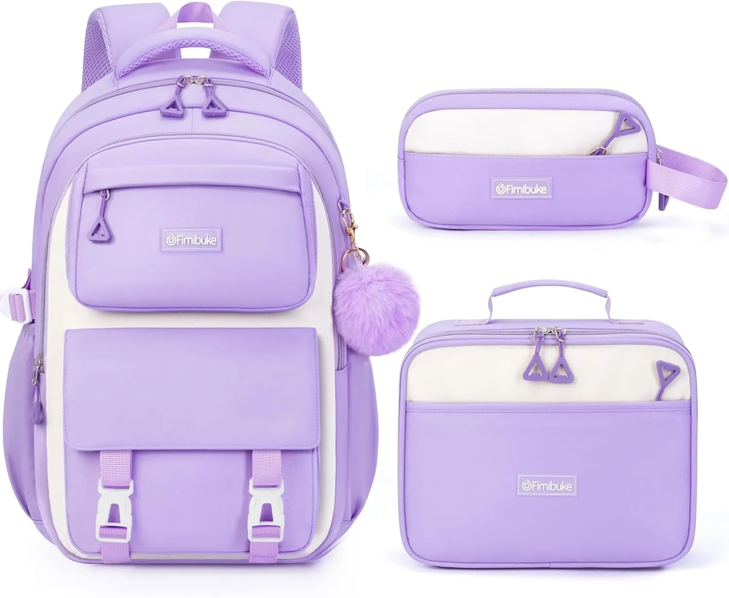 Fimibuke Backpacks for Girls, 3 PCS Waterproof School Backpack with Lunch Box, Pencil Pouch Set for Kids Teens Girls, Cute Bookbag School Bag for Elementary Middle High School Student Ages 6 (Purple)