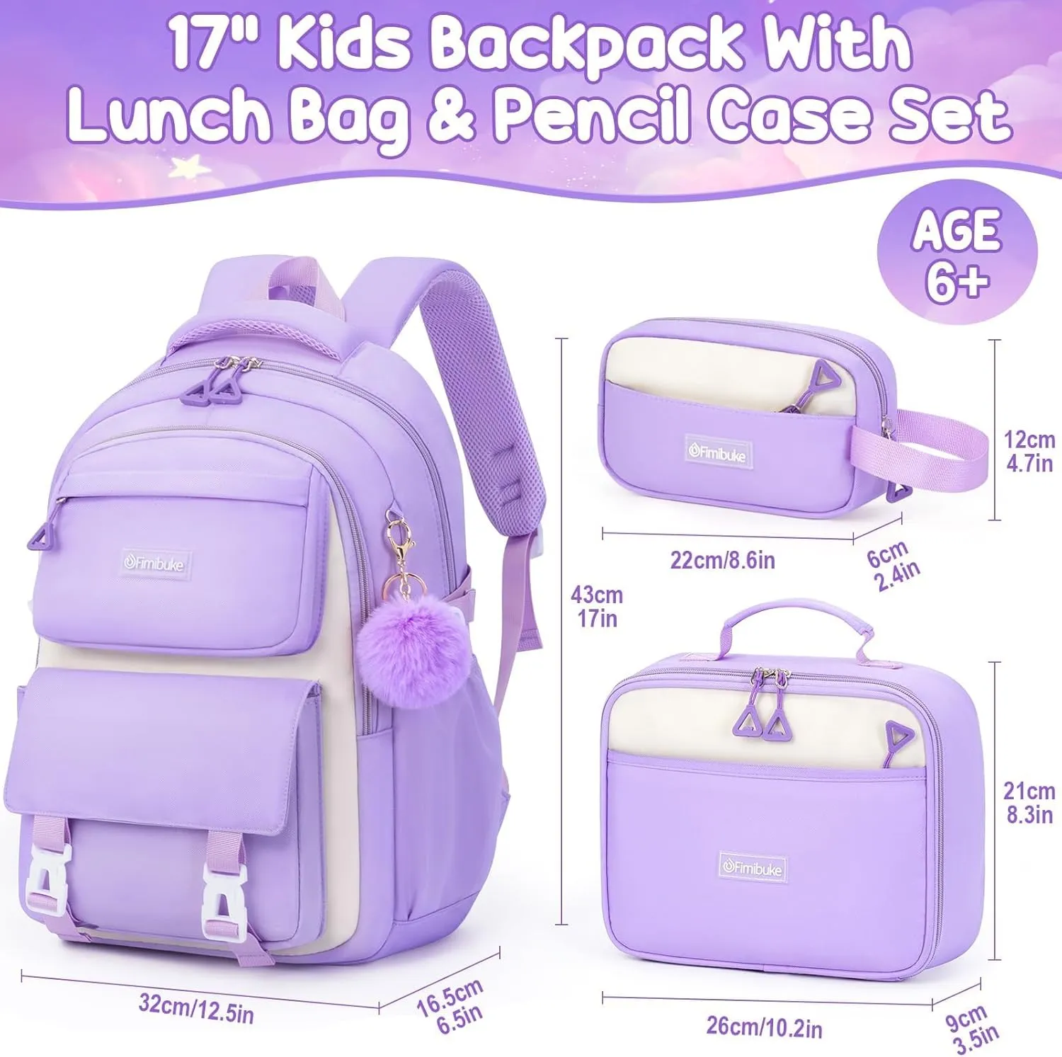 Fimibuke Backpacks for Girls, 3 PCS Waterproof School Backpack with Lunch Box, Pencil Pouch Set for Kids Teens Girls, Cute Bookbag School Bag for Elementary Middle High School Student Ages 6 (Purple)