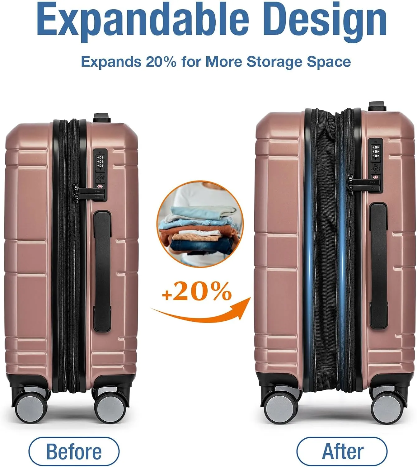 KYME Carry On Luggage 22x14x9 Airline Approved Expandable Carry-On Suitcase with Spinner Wheels Hardside Small Lightweight Rolling Travel Luggage with TSA Lock 20-Inch Suitcase Rose Gold