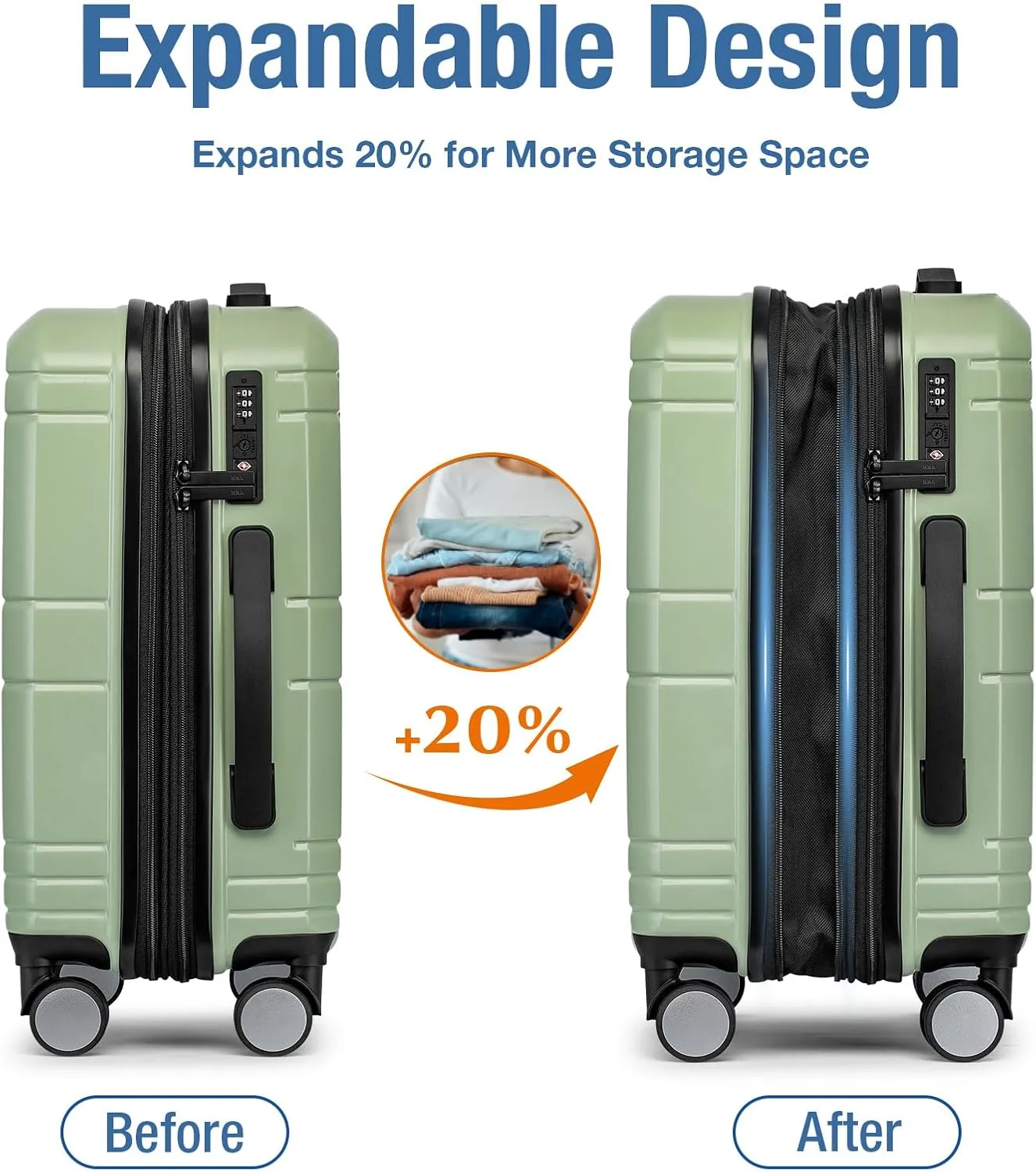 KYME Expandable Carry On Luggage with Spinner Wheels 22x14x9 Airline Approved Hardshell Small Luggage with Built-in TSA Lock 20 inch Carry On Suitcase Travel Rolling Luggage Lt Green