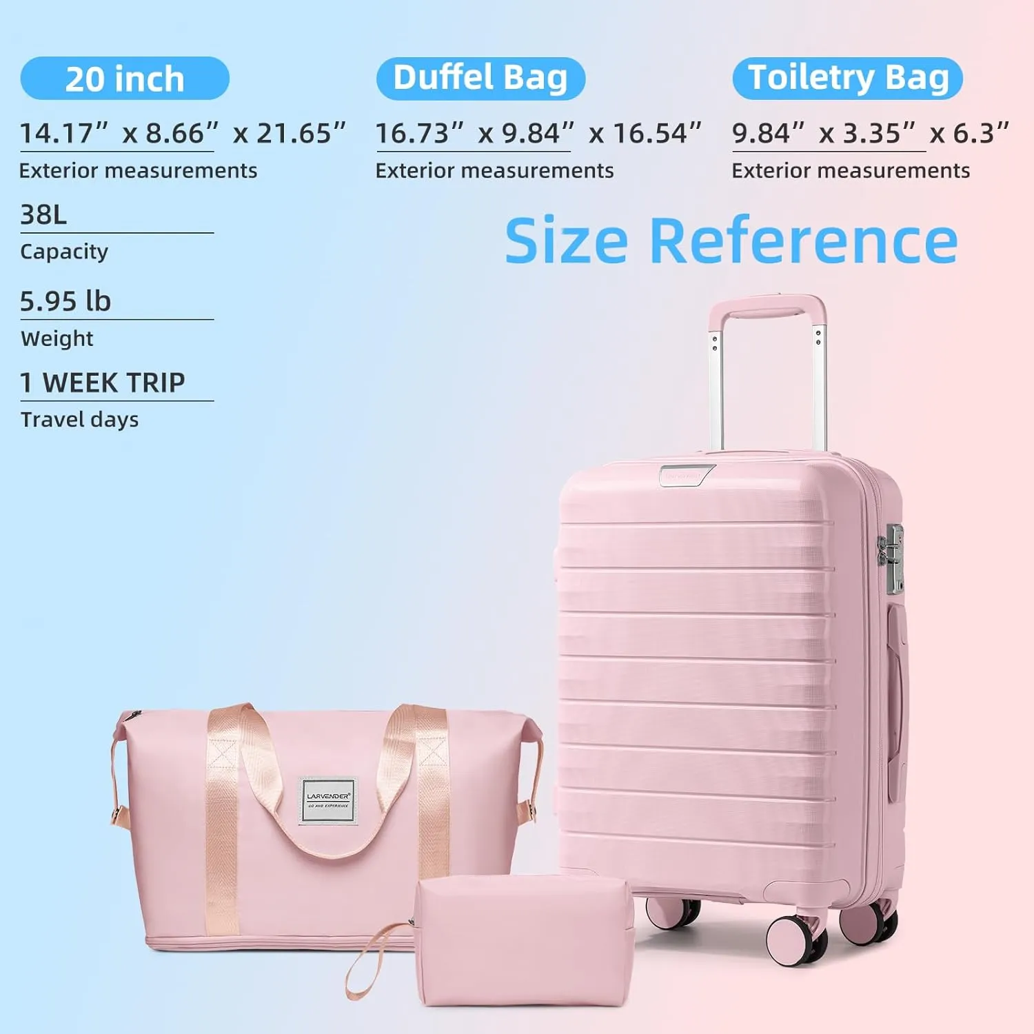 LARVENDER Luggage Sets 3 Piece with Duffel Bag Hardside PP Carry On Suitcase with 360 Spinner Wheels TSA Lock Luggage Sets for Women, Orchid Pink
