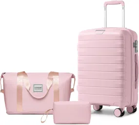 LARVENDER Luggage Sets 3 Piece with Duffel Bag Hardside PP Carry On Suitcase with 360 Spinner Wheels TSA Lock Luggage Sets for Women, Orchid Pink