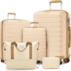 LARVENDER Luggage Sets 5 Piece with Duffel Bag Expandable(Only 28 inch) Hardside PP Carry On Luggage with 360 Spinner Wheels TSA Lock Luggage Sets for Women, Ivory Cream