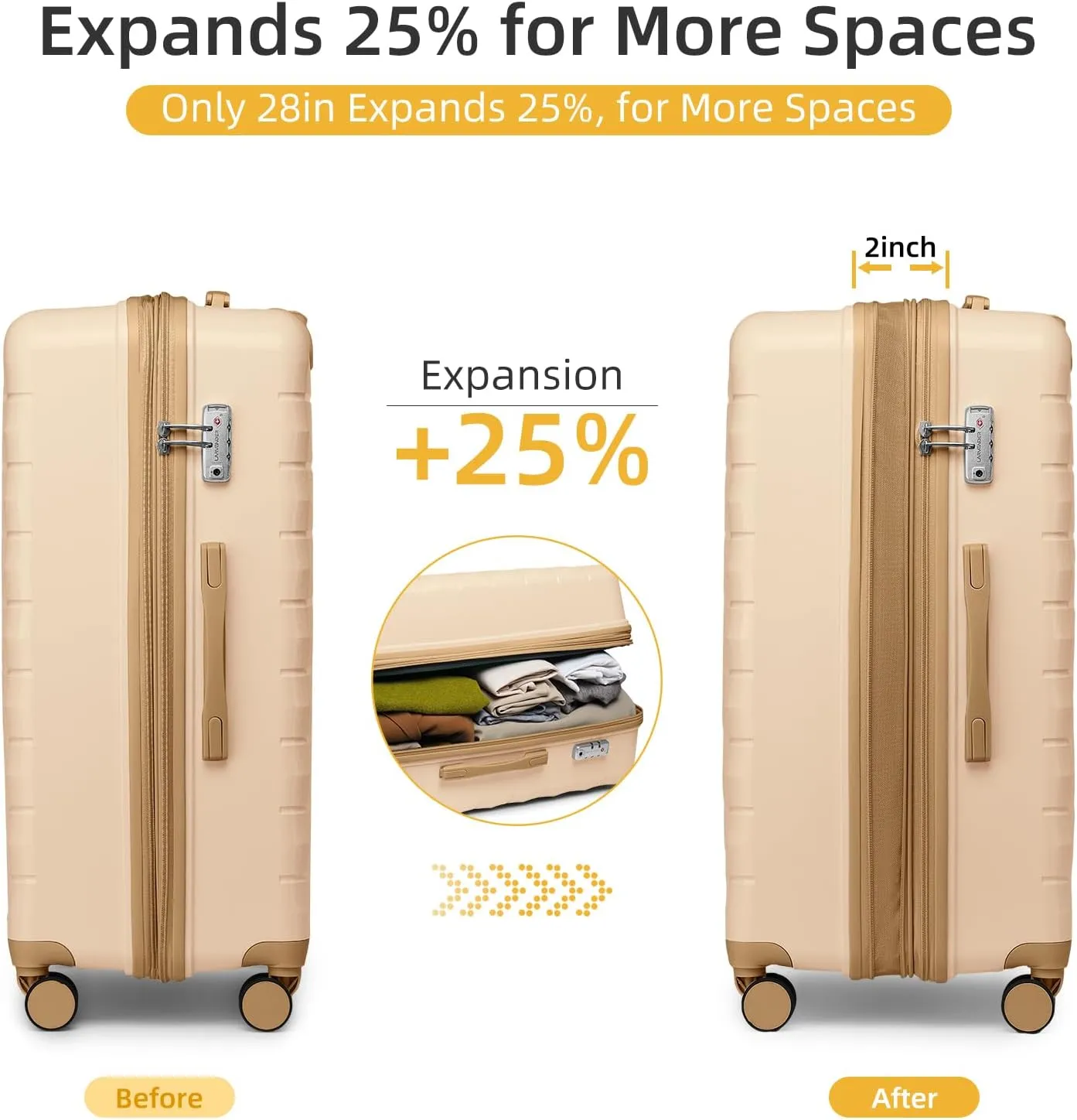 LARVENDER Luggage Sets 5 Piece with Duffel Bag Expandable(Only 28 inch) Hardside PP Carry On Luggage with 360 Spinner Wheels TSA Lock Luggage Sets for Women, Ivory Cream