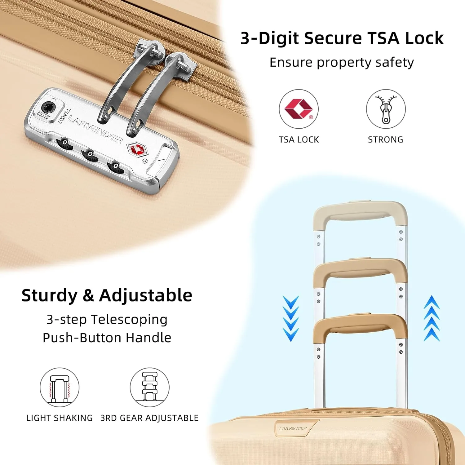 LARVENDER Luggage Sets 5 Piece with Duffel Bag Expandable(Only 28 inch) Hardside PP Carry On Luggage with 360 Spinner Wheels TSA Lock Luggage Sets for Women, Ivory Cream