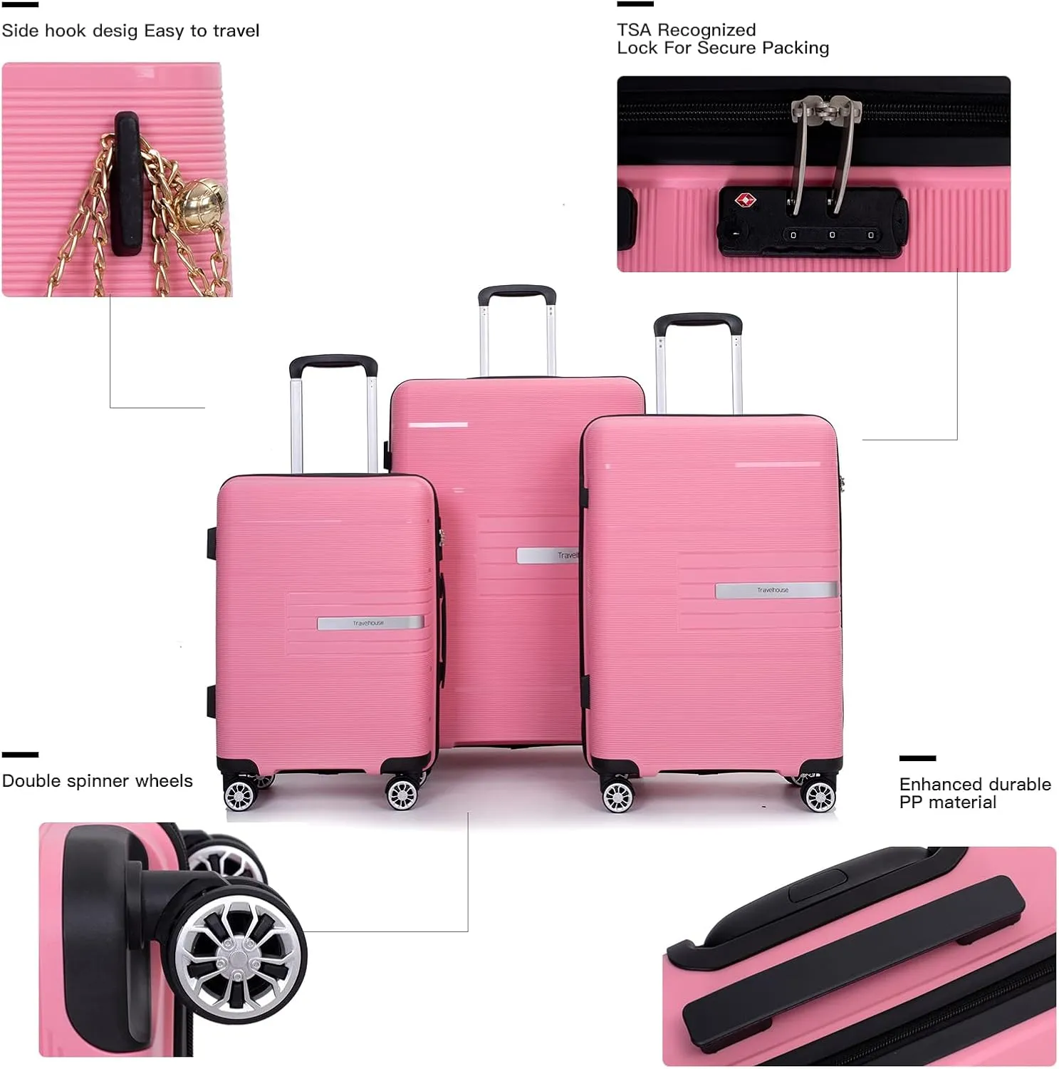 Luggage 3 Piece Sets Suitcase Set with Double Spinner Wheels, Lightweight Carry On Hardside Travel Luggage with TSA Lock, (20/24/28) (Pink)