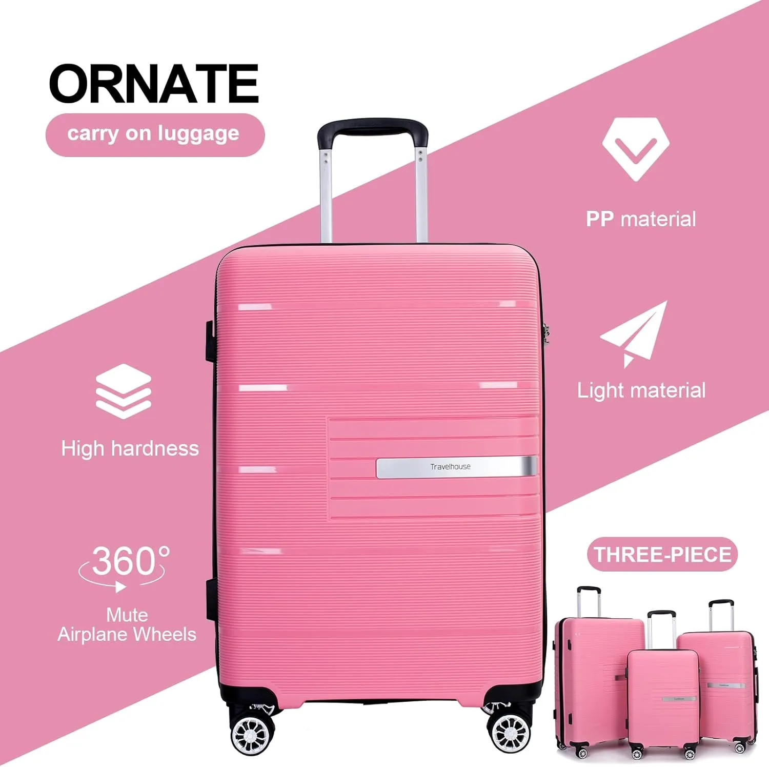 Luggage 3 Piece Sets Suitcase Set with Double Spinner Wheels, Lightweight Carry On Hardside Travel Luggage with TSA Lock, (20/24/28) (Pink)