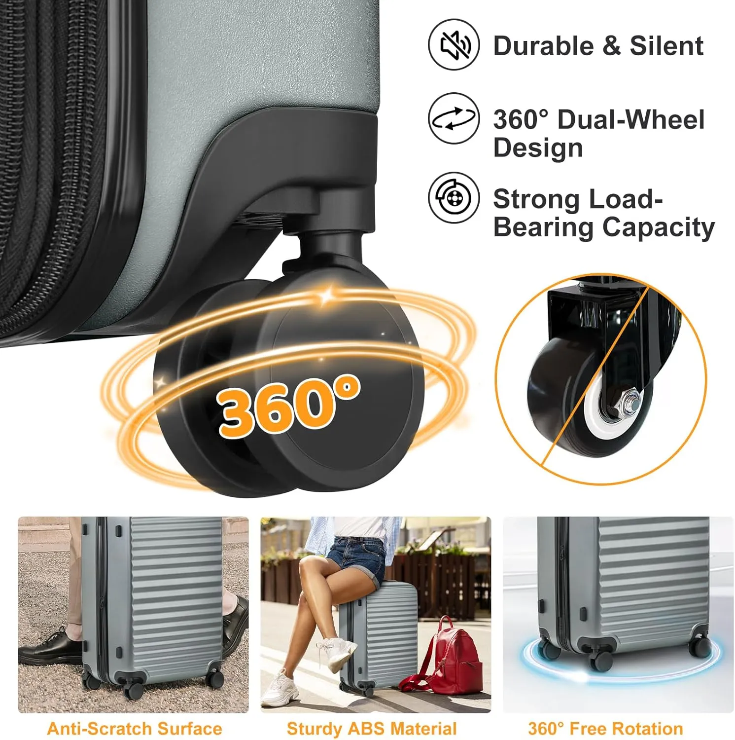 Luggage Sets 4 Pieces Suitcase with Spinner Wheels TSA Lock, Durable Lightweight Travel Luggages with USB Port, Hardside Carry On Suitcase Set for Men Women, 14" 20" 24" 28", Grey