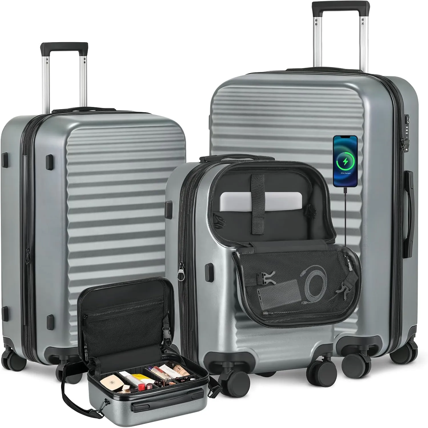 Luggage Sets 4 Pieces Suitcase with Spinner Wheels TSA Lock, Durable Lightweight Travel Luggages with USB Port, Hardside Carry On Suitcase Set for Men Women, 14" 20" 24" 28", Grey