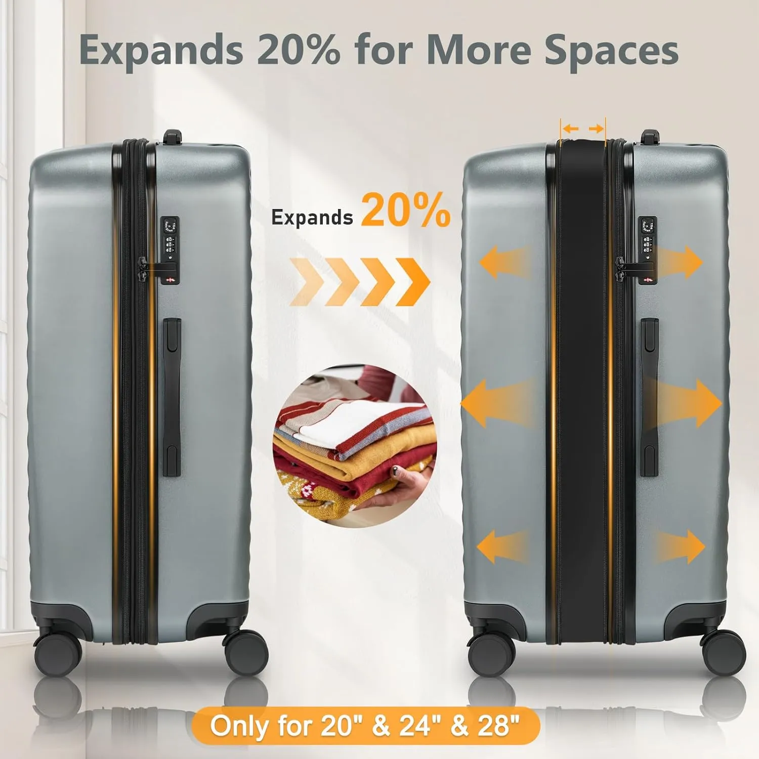 Luggage Sets 4 Pieces Suitcase with Spinner Wheels TSA Lock, Durable Lightweight Travel Luggages with USB Port, Hardside Carry On Suitcase Set for Men Women, 14" 20" 24" 28", Grey