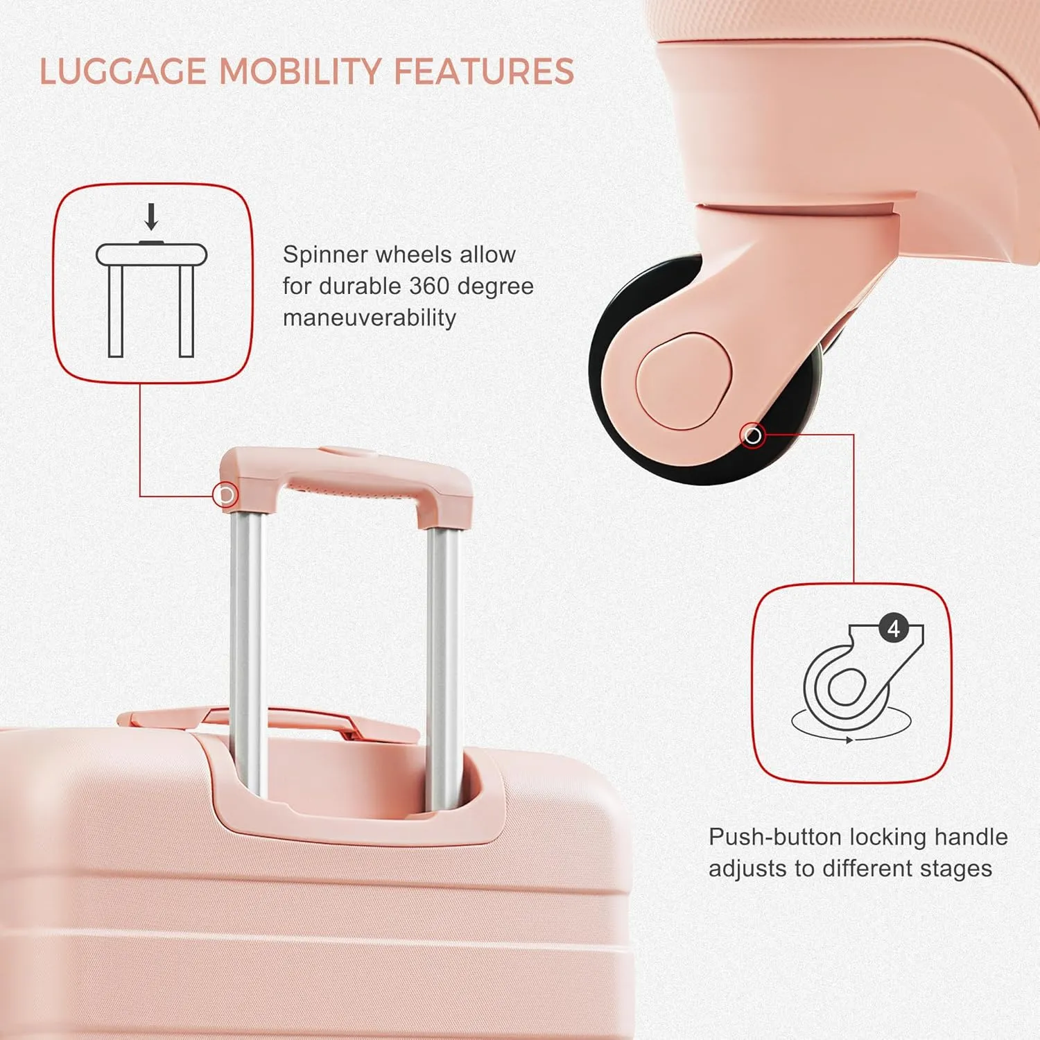 Merax ABS Hardshell Luggage Spinner Wheel TSA Lock Suitcases, Pink, 5-Piece Set
