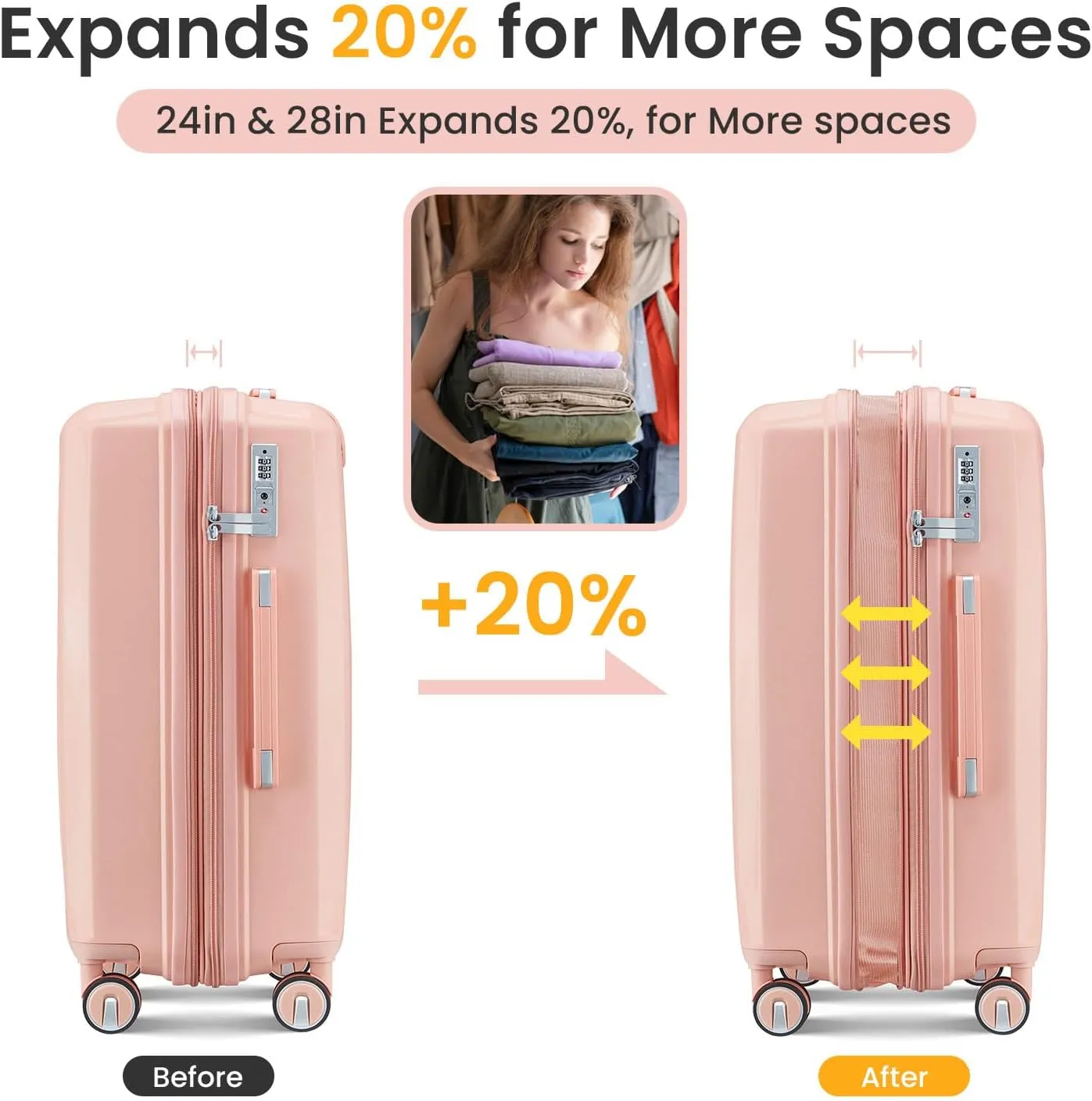 Merax Hardshell Luggage 4Pc Spinner Wheel Carry On Suitcase Set for Women, Light Pink, 14/20/24/28 Inch