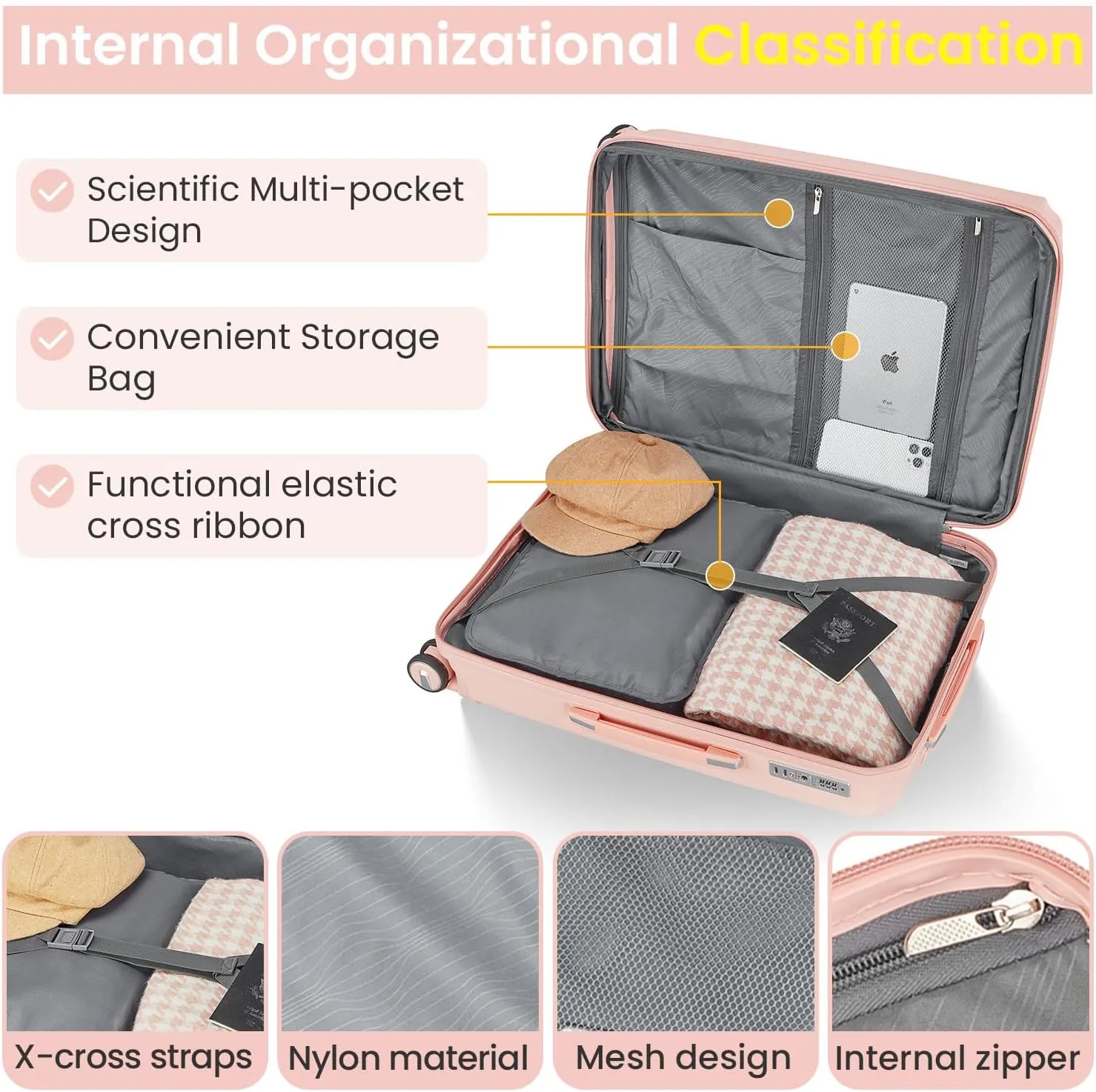 Merax Hardshell Luggage 4Pc Spinner Wheel Carry On Suitcase Set for Women, Light Pink, 14/20/24/28 Inch