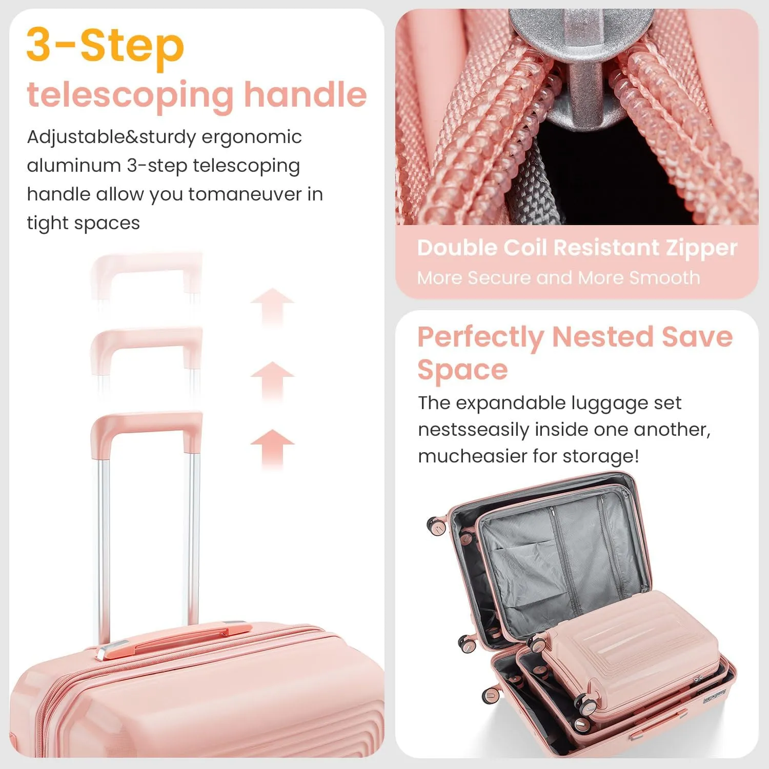 Merax Hardshell Luggage 4Pc Spinner Wheel Carry On Suitcase Set for Women, Light Pink, 14/20/24/28 Inch
