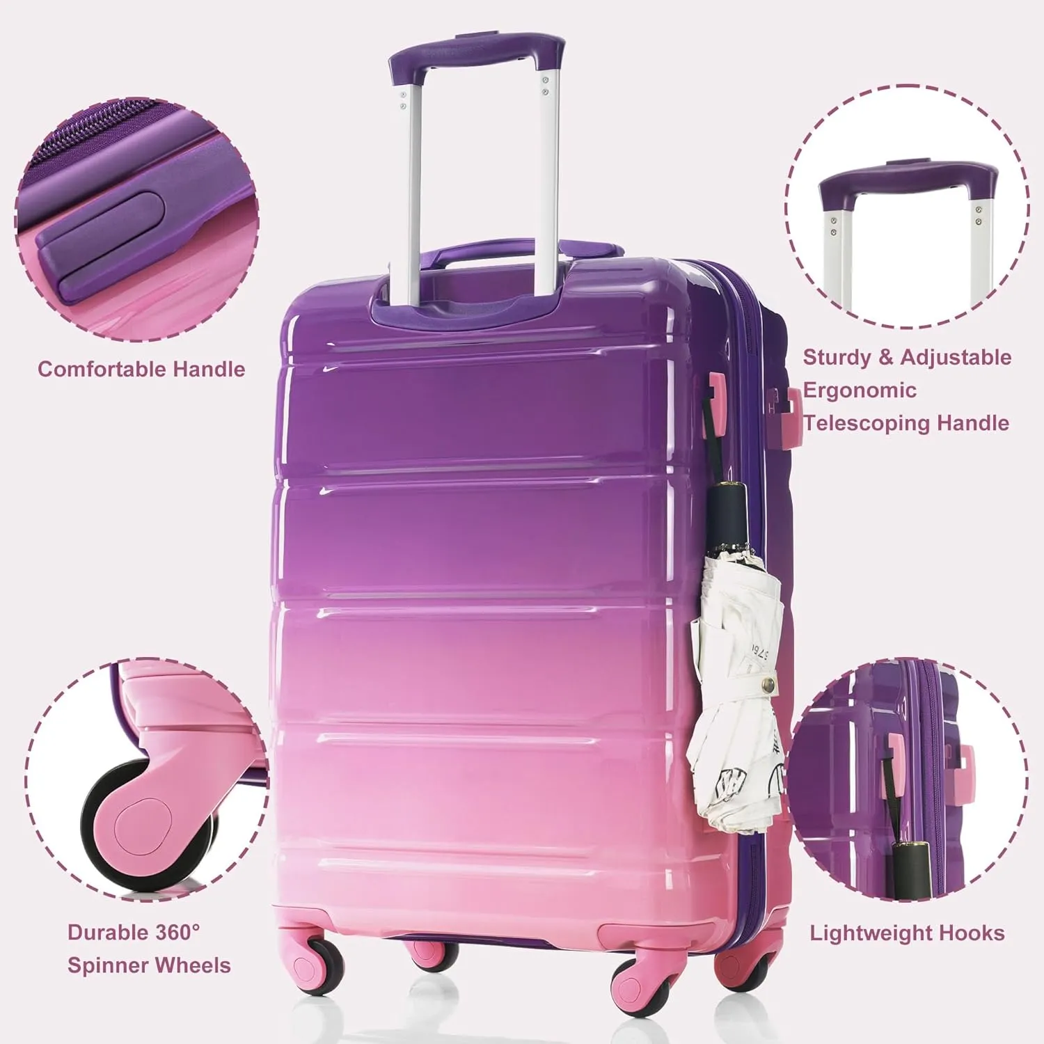 Merax Luggage Set of 3 with 20-inch Carry On USB Port Cup Holder ABS PC Hardshell Spinner Wheels TSA Approved Durable Expandable Suitcase for Travel Men Women (1, Purple and Pink, 20"  24"  28")