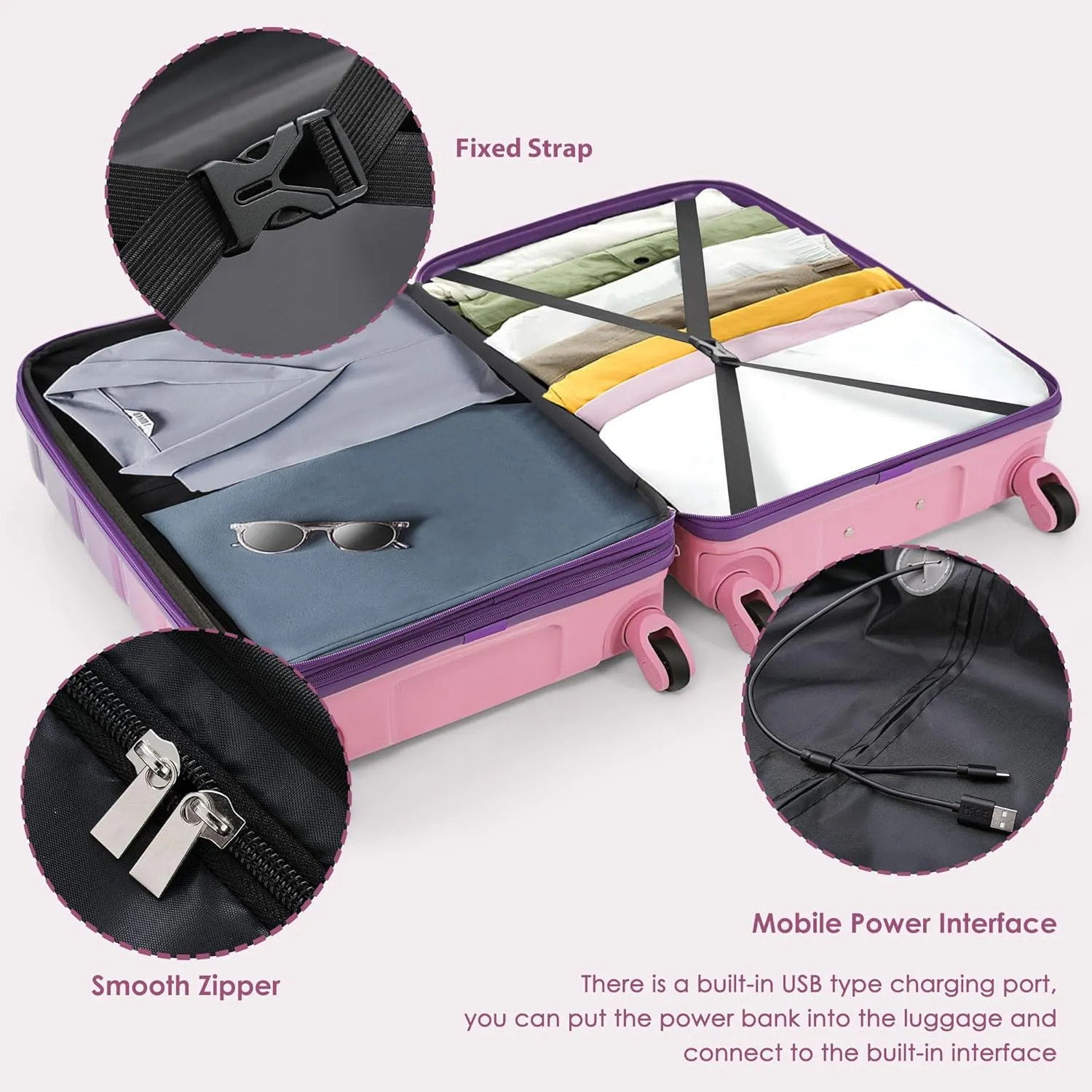 Merax Luggage Set of 3 with 20-inch Carry On USB Port Cup Holder ABS PC Hardshell Spinner Wheels TSA Approved Durable Expandable Suitcase for Travel Men Women (1, Purple and Pink, 20"  24"  28")
