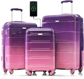 Merax Luggage Set of 3 with 20-inch Carry On USB Port Cup Holder ABS PC Hardshell Spinner Wheels TSA Approved Durable Expandable Suitcase for Travel Men Women (1, Purple and Pink, 20"  24"  28")