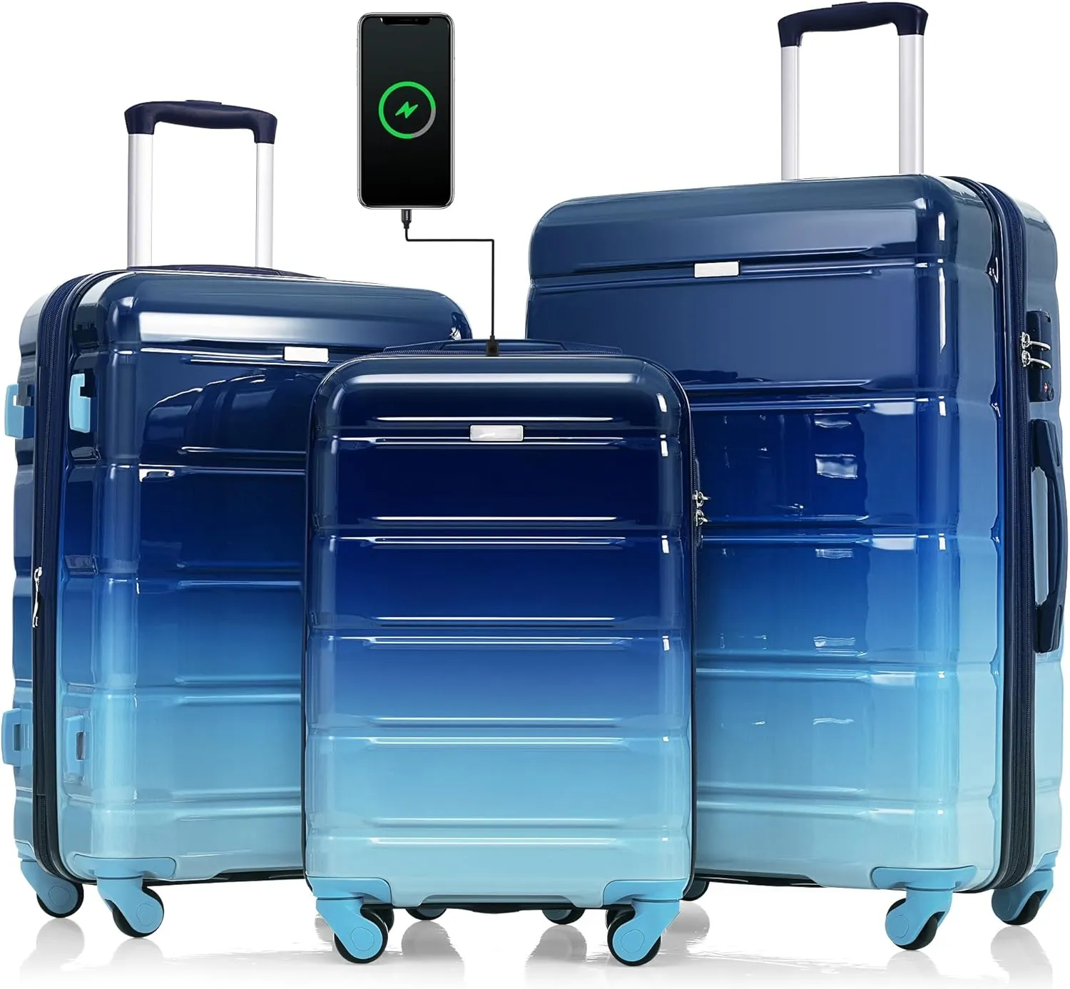 Merax Luggage Set of 3 with 20-inch Carry On USB Port Cup Holder ABS PC Hardshell Spinner Wheels TSA Approved Durable Expandable Suitcase for Travel Men Women (3, Gradient Blue, 20"  24"  28")