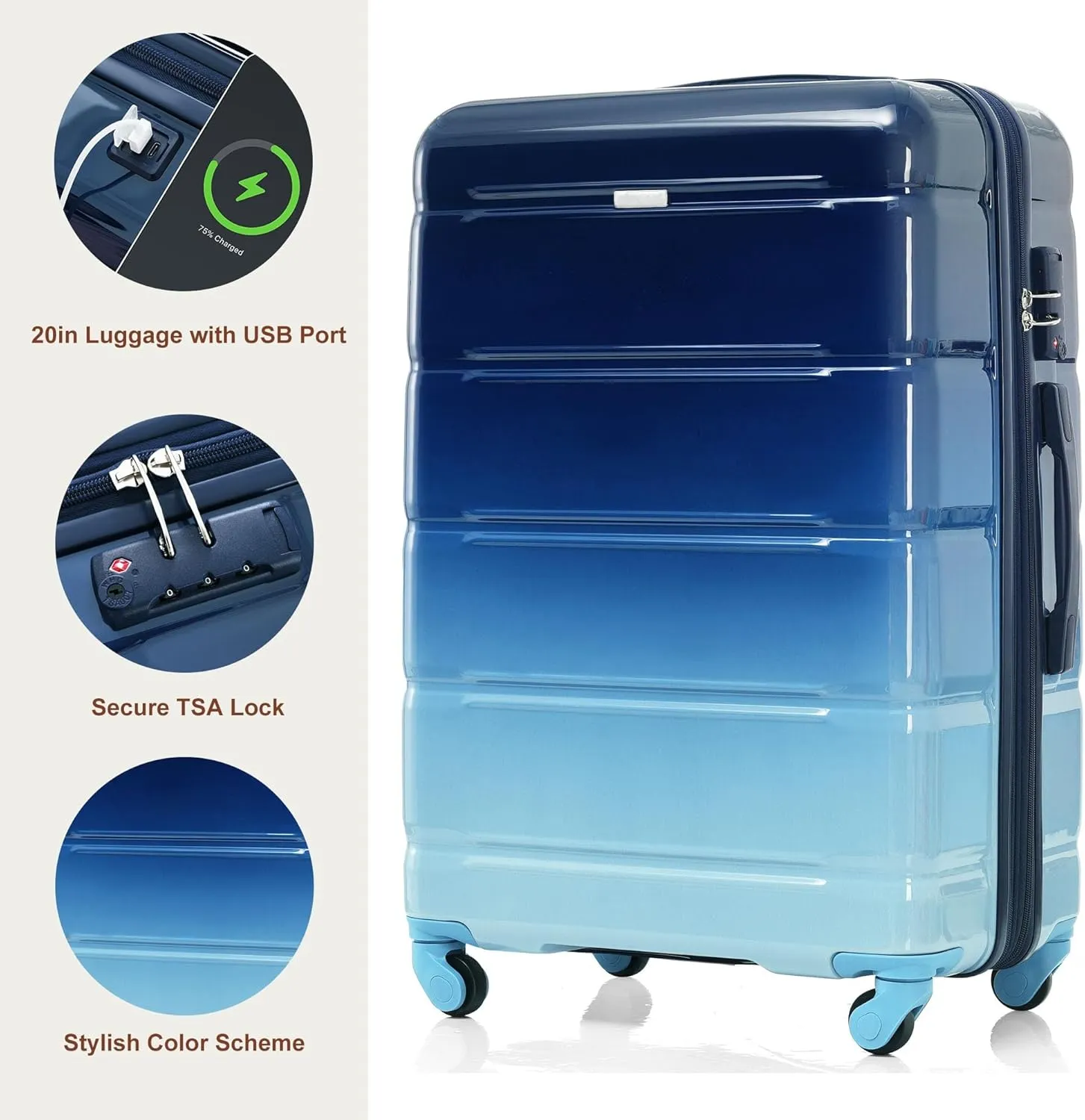 Merax Luggage Set of 3 with 20-inch Carry On USB Port Cup Holder ABS PC Hardshell Spinner Wheels TSA Approved Durable Expandable Suitcase for Travel Men Women (3, Gradient Blue, 20"  24"  28")