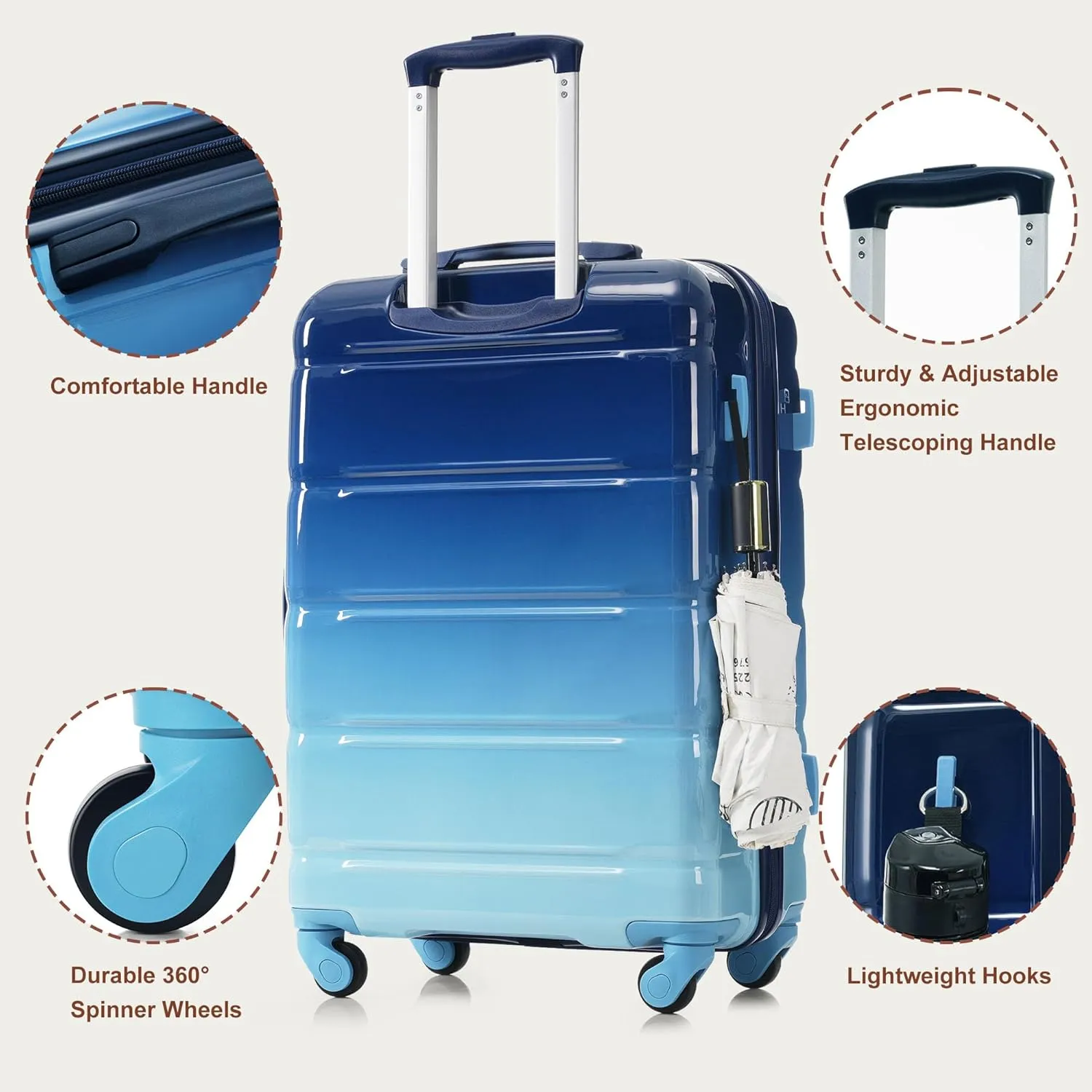 Merax Luggage Set of 3 with 20-inch Carry On USB Port Cup Holder ABS PC Hardshell Spinner Wheels TSA Approved Durable Expandable Suitcase for Travel Men Women (3, Gradient Blue, 20"  24"  28")