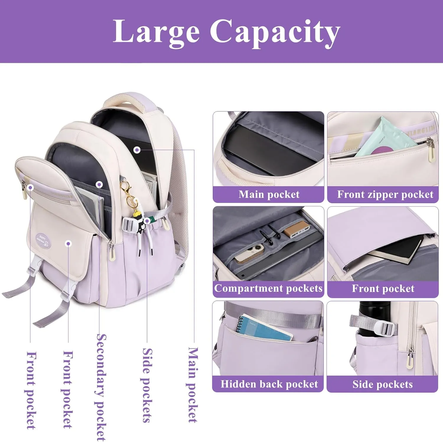 Mildame Backpacks for Girls Set, Aesthetic Backpack for Teens, Lightweight Classic Backpack for Kids, 3Pcs Boys Girls Bookbags with Cute Pendant