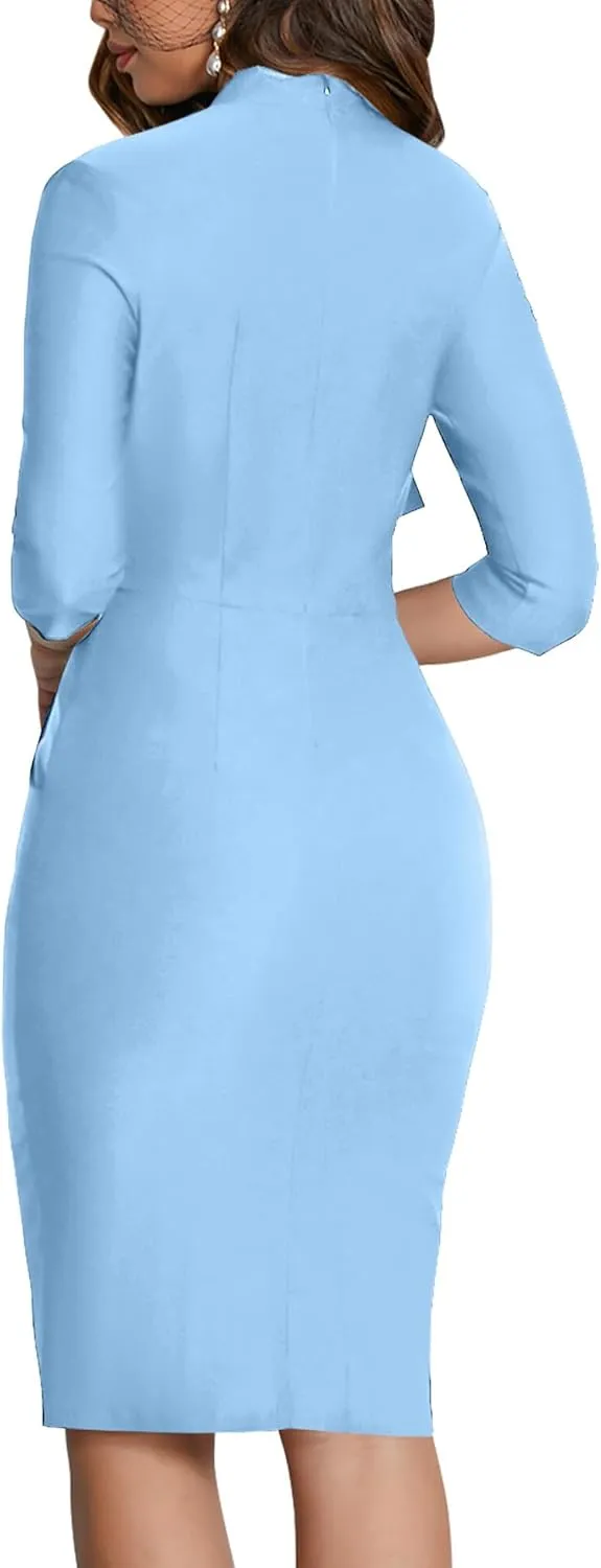 MUXXN Women's Midi Pencil 1950s Vintage Cocktail 3/4 Sleeve Tie Neck Bodycon Mid-Calf Dress with Pockets