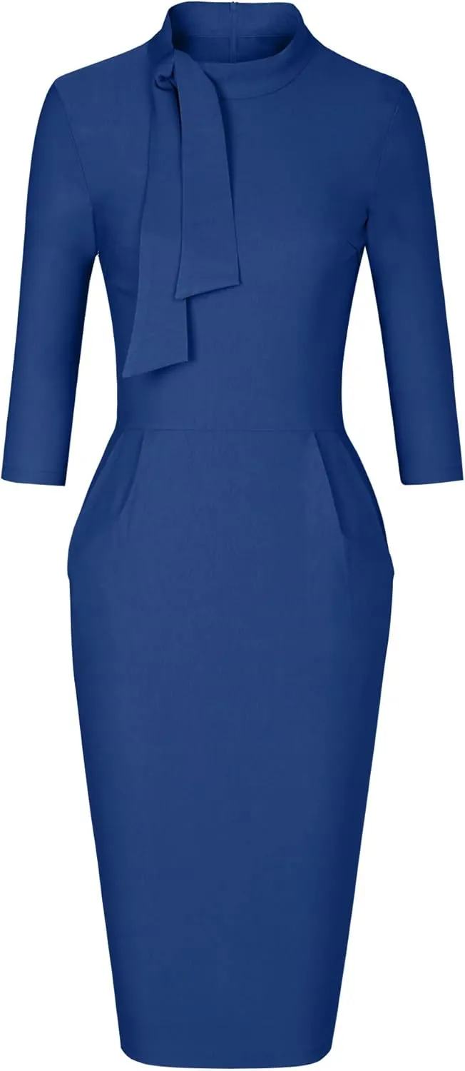 MUXXN Women's Midi Pencil 1950s Vintage Cocktail 3/4 Sleeve Tie Neck Bodycon Mid-Calf Dress with Pockets