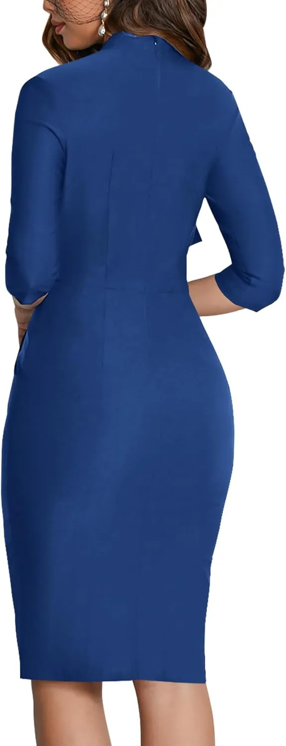 MUXXN Women's Midi Pencil 1950s Vintage Cocktail 3/4 Sleeve Tie Neck Bodycon Mid-Calf Dress with Pockets
