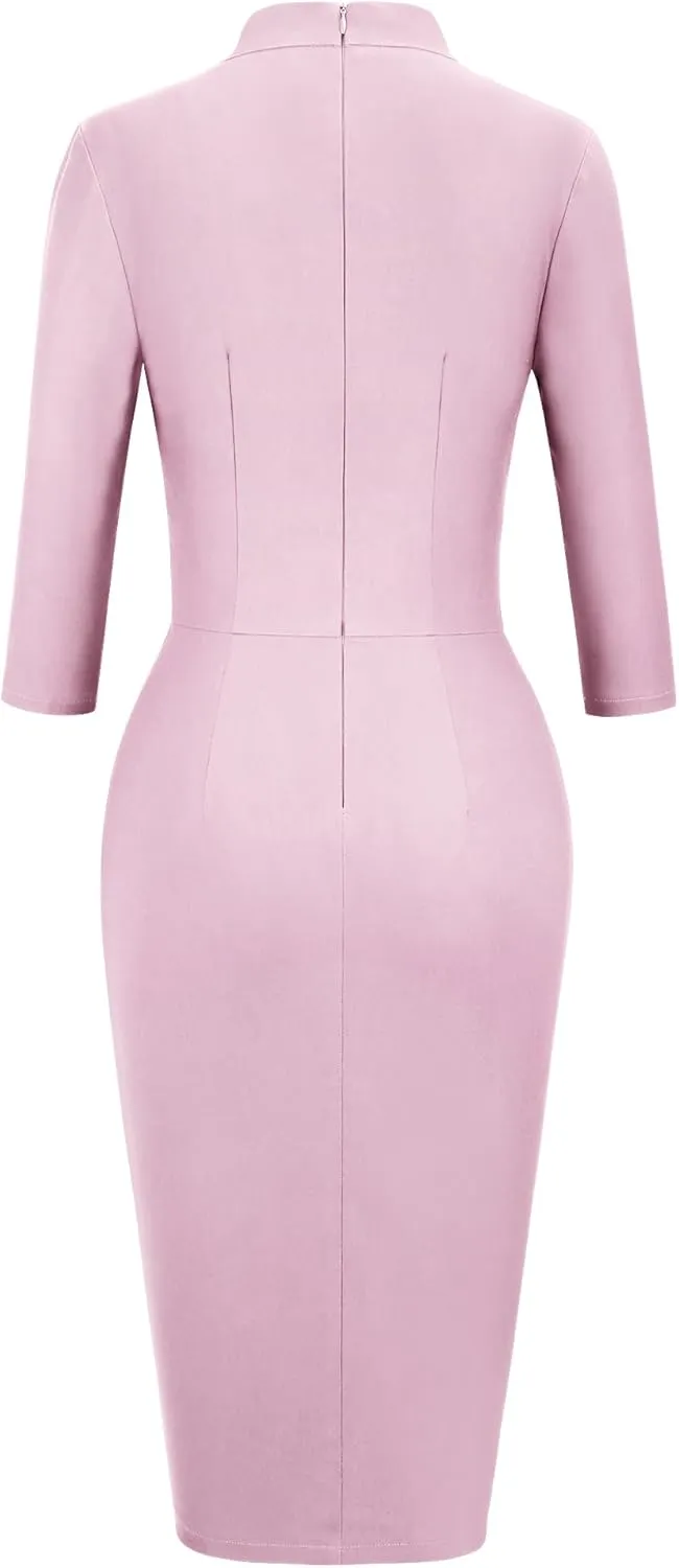 MUXXN Women's Midi Pencil 1950s Vintage Cocktail 3/4 Sleeve Tie Neck Bodycon Mid-Calf Dress with Pockets