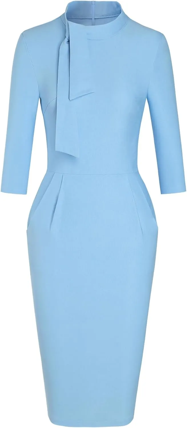 MUXXN Women's Midi Pencil 1950s Vintage Cocktail 3/4 Sleeve Tie Neck Bodycon Mid-Calf Dress with Pockets