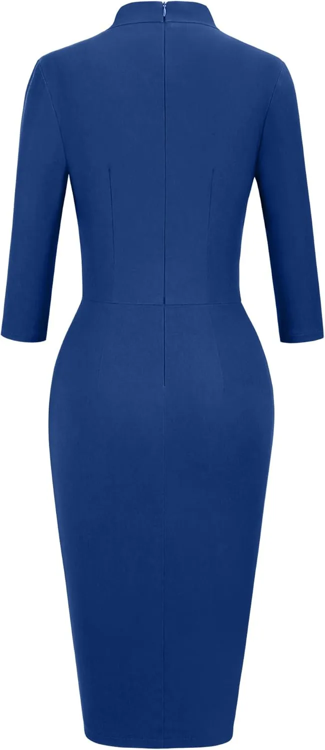 MUXXN Women's Midi Pencil 1950s Vintage Cocktail 3/4 Sleeve Tie Neck Bodycon Mid-Calf Dress with Pockets