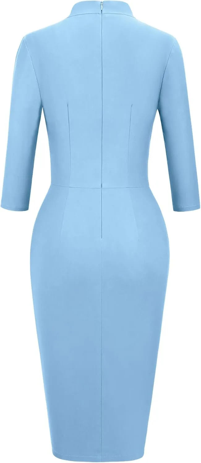 MUXXN Women's Midi Pencil 1950s Vintage Cocktail 3/4 Sleeve Tie Neck Bodycon Mid-Calf Dress with Pockets