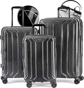 NONSTOP New York Elite Luggage Expandable Lightweight Spinner Wheels hard side shell Travel Suitcase Set, TSA Lock, Double USB Port, 3 packing cubes, Charcoal, 3-piece Set (20/24/28) W/Power Bank