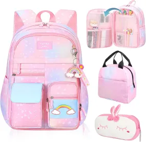 Starry Rainbow Backpack Kawaii School Students Backpack Cute Large Capacity Kids Bookbag Multifunction Fashion Casual Laptop Travel Bag For Boy Girl (Pink-17inch)
