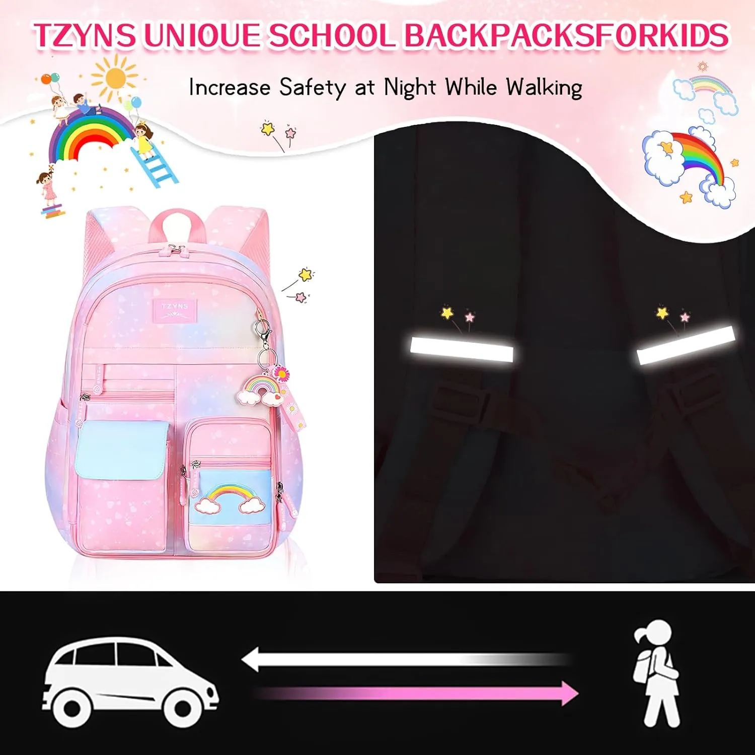 Starry Rainbow Backpack Kawaii School Students Backpack Cute Large Capacity Kids Bookbag Multifunction Fashion Casual Laptop Travel Bag For Boy Girl (Pink-17inch)