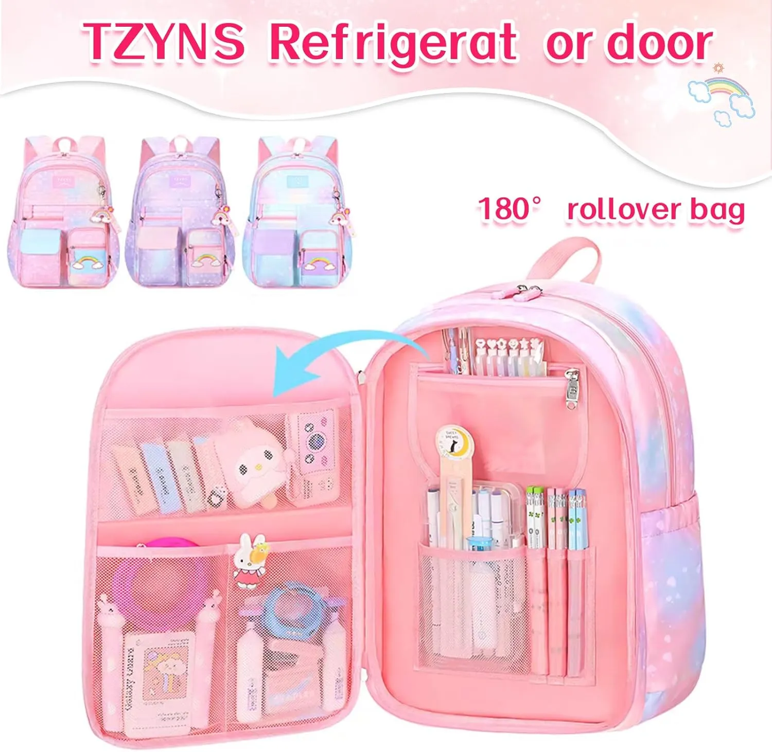 Starry Rainbow Backpack Kawaii School Students Backpack Cute Large Capacity Kids Bookbag Multifunction Fashion Casual Laptop Travel Bag For Boy Girl (Pink-17inch)