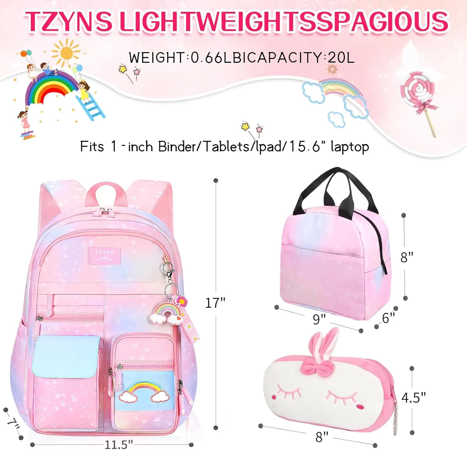Starry Rainbow Backpack Kawaii School Students Backpack Cute Large Capacity Kids Bookbag Multifunction Fashion Casual Laptop Travel Bag For Boy Girl (Pink-17inch)